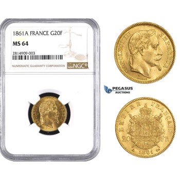 AA528, France, Napoleon III, 20 Francs 1861-A, Paris, Gold, NGC MS64