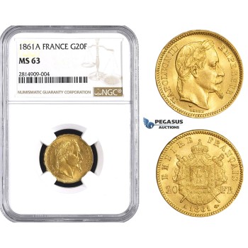 AA529, France, Napoleon III, 20 Francs 1861-A, Paris, Gold, NGC MS63