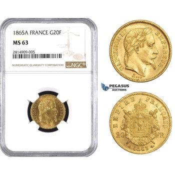 AA530, France, Napoleon III, 20 Francs 1865-A, Paris, Gold, NGC MS63