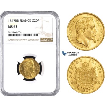 AA531, France, Napoleon III, 20 Francs 1867-BB (Small BB), Strasbourg, Gold, NGC MS63