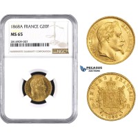 AA532, France, Napoleon III, 20 Francs 1868-A, Paris, Gold, NGC MS65