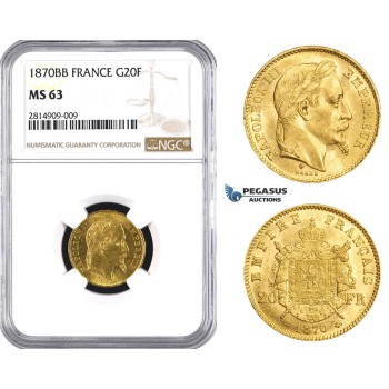 AA533, France, Napoleon III, 20 Francs 1870-BB, Strasbourg, Gold, NGC MS63