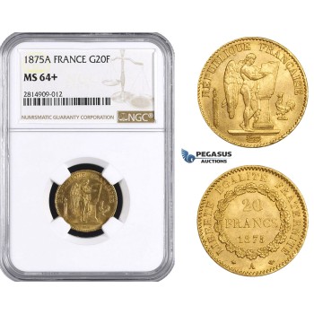 AA536, France, Third Republic, 20 Francs 1875-A, Paris, Gold, NGC MS64+
