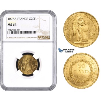 AA537, France, Third Republic, 20 Francs 1876-A, Paris, Gold, NGC MS64