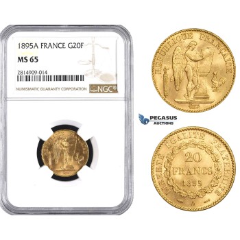 AA538, France, Third Republic, 20 Francs 1895-A, Paris, Gold, NGC MS65