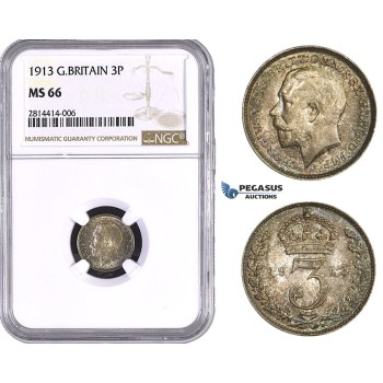 AA541, Great Britain, George V, Threepence (3P) 1913, Silver, NGC MS66, Pop 5/0, No Finer!