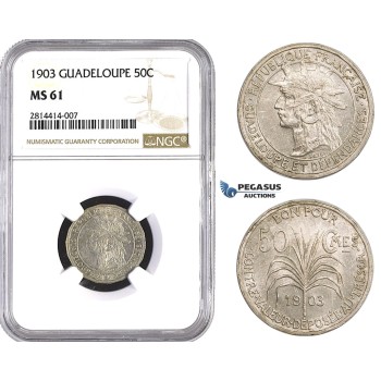 AA542, Guadeloupe, 50 Centimes 1903, NGC MS61
