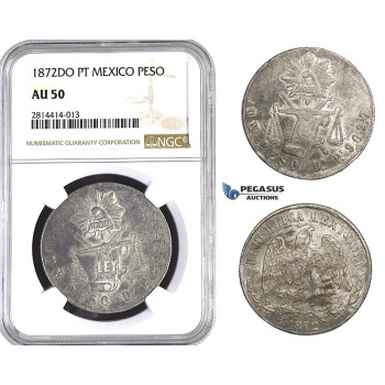 AA553, Mexico, Peso 1872 Do PT, Durango, Silver, NGC AU50, Rare!