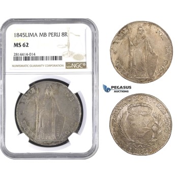 AA555, Peru, 8 Reales 1845 LIMA MB, Lima, Silver, NGC MS62, Pop 1/1