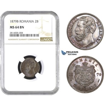 AA557-R, Romania, Carol I, 2 Bani 1879-B, Bucharest, NGC MS64BN