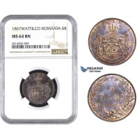 AA558-R, Romania, Carol I, 5 Bani 1867 Watt&Co, NGC MS64BN