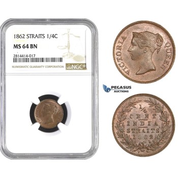 AA566, Straits Settlements, Victoria, 1/4 Cent 1862, NGC MS64BN, Pop 2/1, Rare Grade!