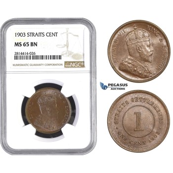 AA575, Straits Settlements, Edward VII, 1 Cent 1903, NGC MS65BN, Pop 3/0, Rare grade!