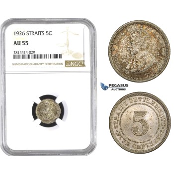 AA576, Straits Settlements, George V, 5 Cent 1926, Silver, NGC AU55