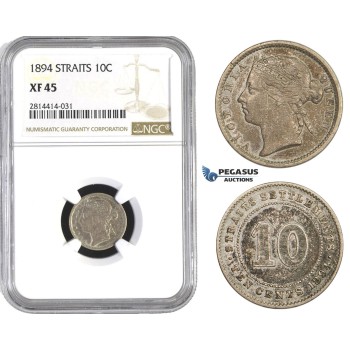 AA577, Straits Settlements, Victoria, 10 Cent 1894, Silver, NGC XF45