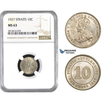 AA578, Straits Settlements, George V, 10 Cent 1927, Silver, NGC MS63