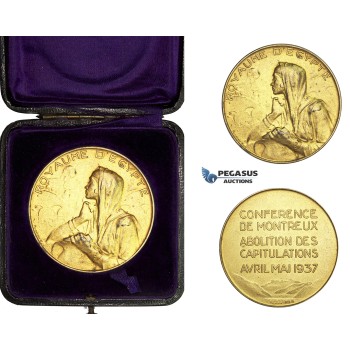 AA591, Egypt, Silver Gilt Medal 1937 (Ø50mm, 50.4g) by Huguenin, Montreaux Conference, Abolition of Capitulations