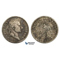 AA630, France, Napoleon, 1 Franc 1808-W, Lille, Silver, Toned aVF