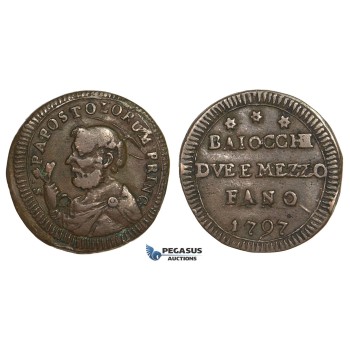AA633, Italy, Fano - Sampietrino, Pius VI, 2 1/2 Baiocchi 1797, Bronze (8.96g) VF, Extremely Rare!