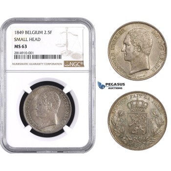 AA640, Belgium, Leopold I, 2 1/2 Francs 1849, Brussels, Silver, NGC MS63 (Small Head)