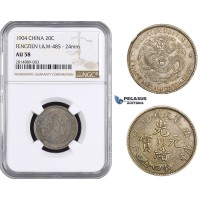 AA651, China, Fengtien, 20 Cents 1904 (8 Rows of scalles) Silver, L&M 485, NGC AU58