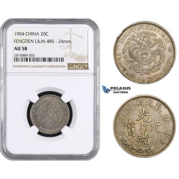 AA651, China, Fengtien, 20 Cents 1904 (8 Rows of scalles) Silver, L&M 485, NGC AU58