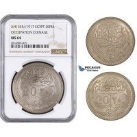 AA661, Egypt (Occupation Coinage) 20 Piastres AH1335 (1917) Silver, NGC MS64 (Undergraded)