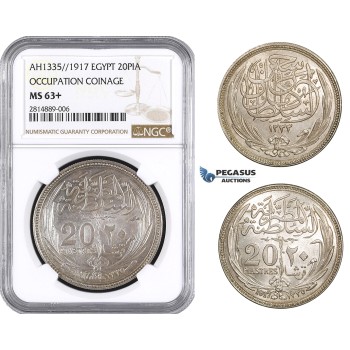 AA662, Egypt (Occupation Coinage) 20 Piastres AH1335 (1917) Silver, NGC MS63+