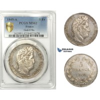 AA667, France, Louis Philippe I, 5 Francs 1845-A, Paris, Silver, PCGS MS62