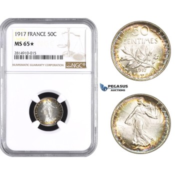 AA668, France, Third Republic, 50 Centimes 1917, Paris, Silver, NGC MS65★