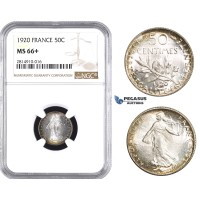 AA669, France, Third Republic, 50 Centimes 1920, Paris, Silver, NGC MS66+