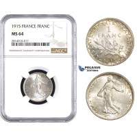 AA670, France, Third Republic, 1 Franc 1915, Paris, Silver, NGC MS64