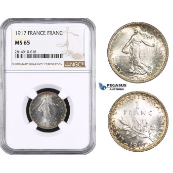 AA671, France, Third Republic, 1 Franc 1917, Paris, Silver, NGC MS65