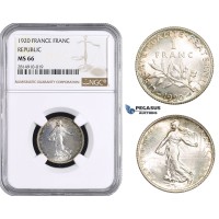 AA672, France, Third Republic, 1 Franc 1920, Paris, Silver, NGC MS66
