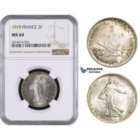 AA673, France, Third Republic, 2 Francs 1919, Paris, Silver, NGC MS64