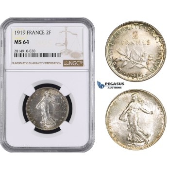AA673, France, Third Republic, 2 Francs 1919, Paris, Silver, NGC MS64