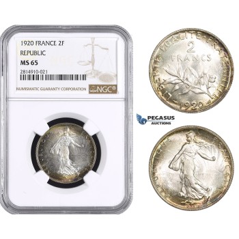 AA674, France, Third Republic, 2 Francs 1920, Paris, Silver, NGC MS65