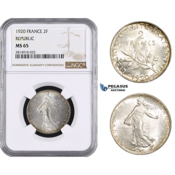 AA675, France, Third Republic, 2 Francs 1920, Paris, Silver, NGC MS65
