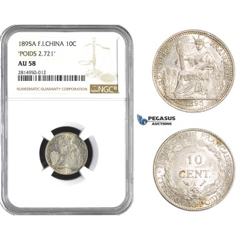 AA681, French Indo-China, 10 Centimes 1895-A, Paris, Silver, Poids 2.721 NGC AU58