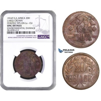 AA682, German East Africa (DOA) 20 Heller 1916-T, Tabora, Small Crown, Pointed Tips on Ls, NGC UNC Det., Slab Error