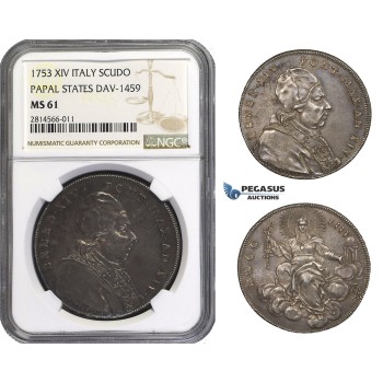 AA686, Italy, Papal States, Benedict XIV, Scudo 1753, Silver, NGC MS61, Rare so nice!