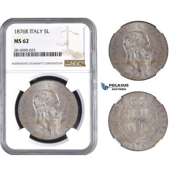 AA688, Italy, Vitt. Emanuele II, 5 Lire 1876-R, Rome, Silver, NGC MS62