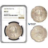 AA689, Italy, Vitt. Emanuele II, 5 Lire 1877-R, Rome, Silver, NGC MS63 AA689, Italy, Vitt. Emanuele II, 5 Lire 1877-R, Rome, Silver, NGC MS63