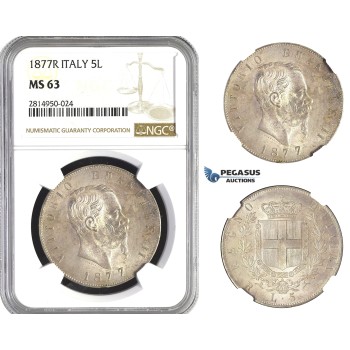 AA689, Italy, Vitt. Emanuele II, 5 Lire 1877-R, Rome, Silver, NGC MS63