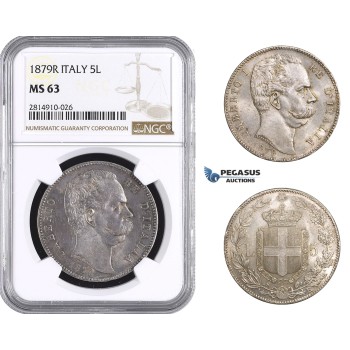 AA690, Italy, Umberto I, 5 Lire 1879-R, Rome, Silver, NGC MS63