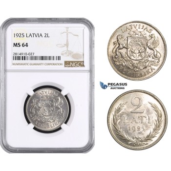 AA695, Latvia, 2 Lati 1925, Silver, NGC MS64