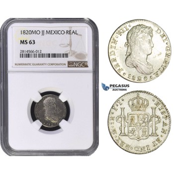 AA697, Mexico, Ferdinand VII, 1 Real 1820 Mo JJ, Mexico City, Silver, NGC MS63