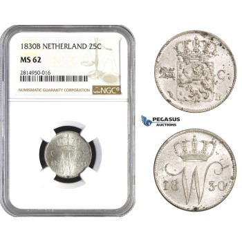 AA701, Netherlands, Willem I, 25 Cents 1830, Brussels, Silver, NGC MS62, Pop 1/0, Rare!
