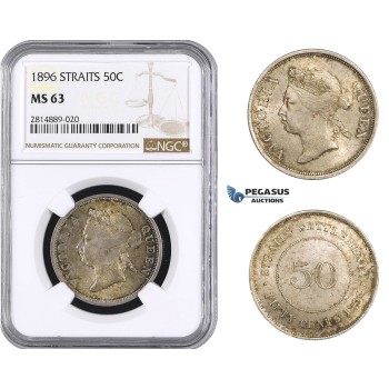 AA714, Straits Settlements, Victoria, 50 Cents 1896, Silver, NGC MS63, Pop 2/0, Very Rare!