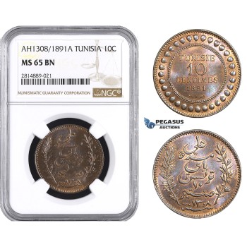 AA717, Tunisia, French Protectorate, 10 Centimes AH1308/1891- A, Paris, NGC MS65BN, Pop 1/0